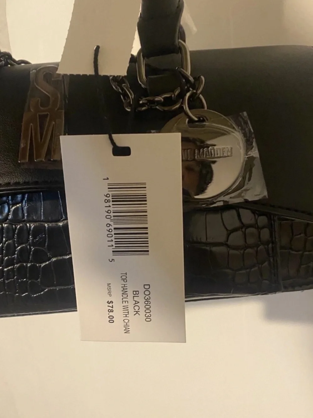 Steve Madden Crocodile Top Handle Black Handbag With Chain Brand New NWT